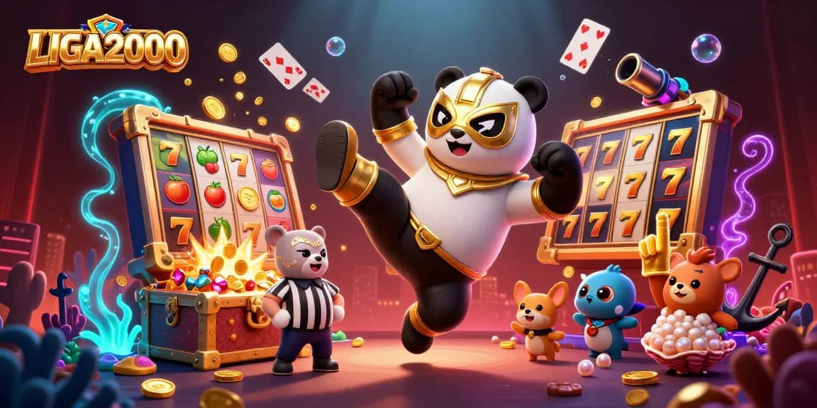 LIGA2000 menampilkan adegan dinamis dengan panda pegulat kartun yang menendang, gulungan slot yang cerah, dan penonton hewan yang antusias.