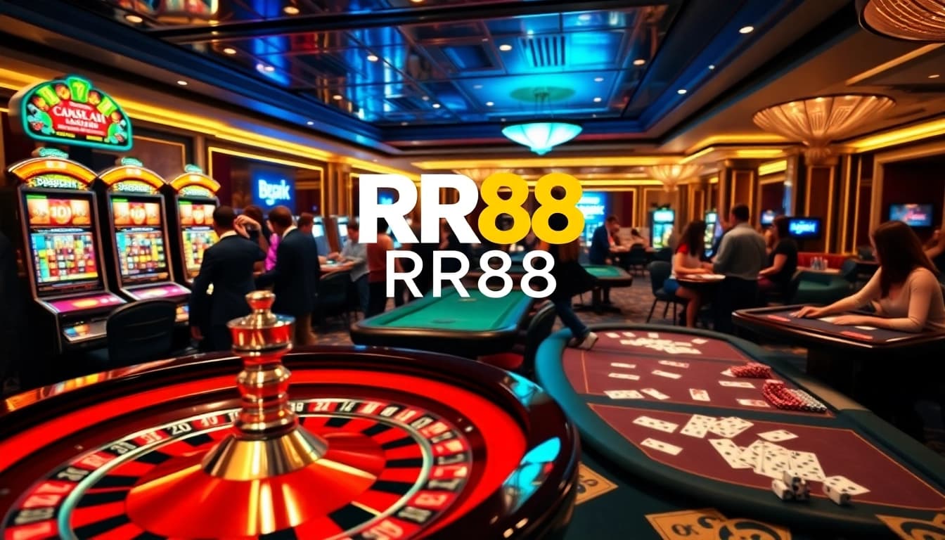 Experience the thrill of RR88 with players enjoying roulette and other casino games in a luxurious setting.