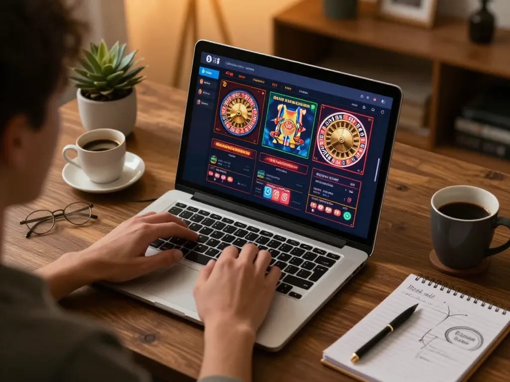 Player engaging with O8 online casino platform from a cozy home setup.