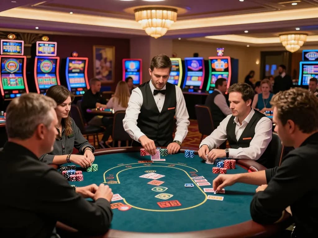 Iwin players engaged in strategic poker gameplay in an upscale casino setting.