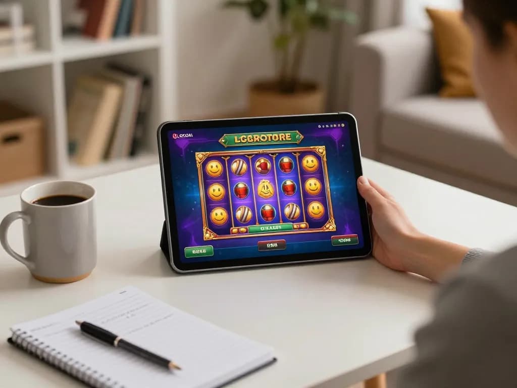 Engaging online gaming moment with LGOGOAL slot machine interface visible on tablet