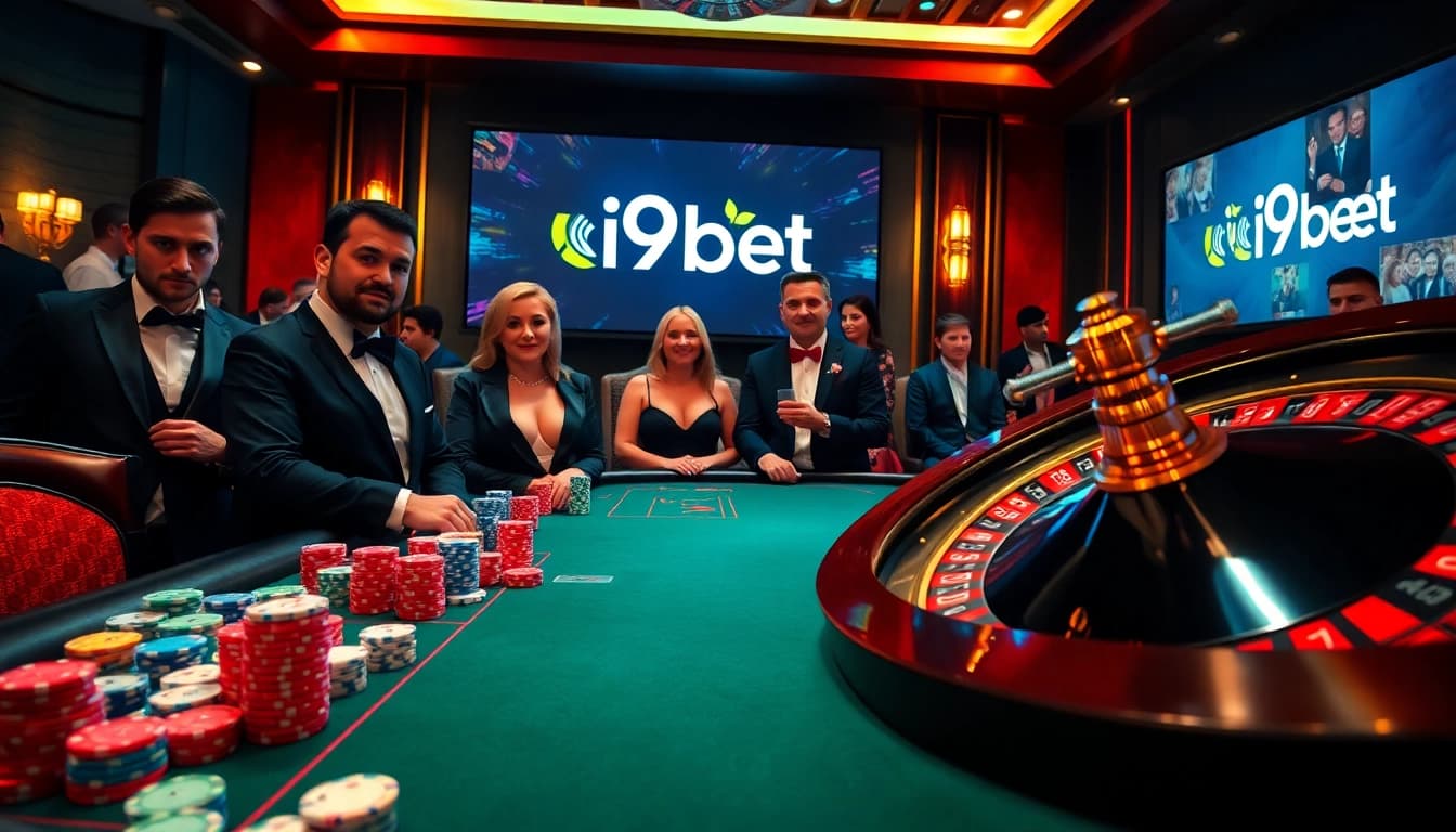 High-stakes poker game at i9bet casino, showcasing vibrant chips and cards amid an elegant setting.