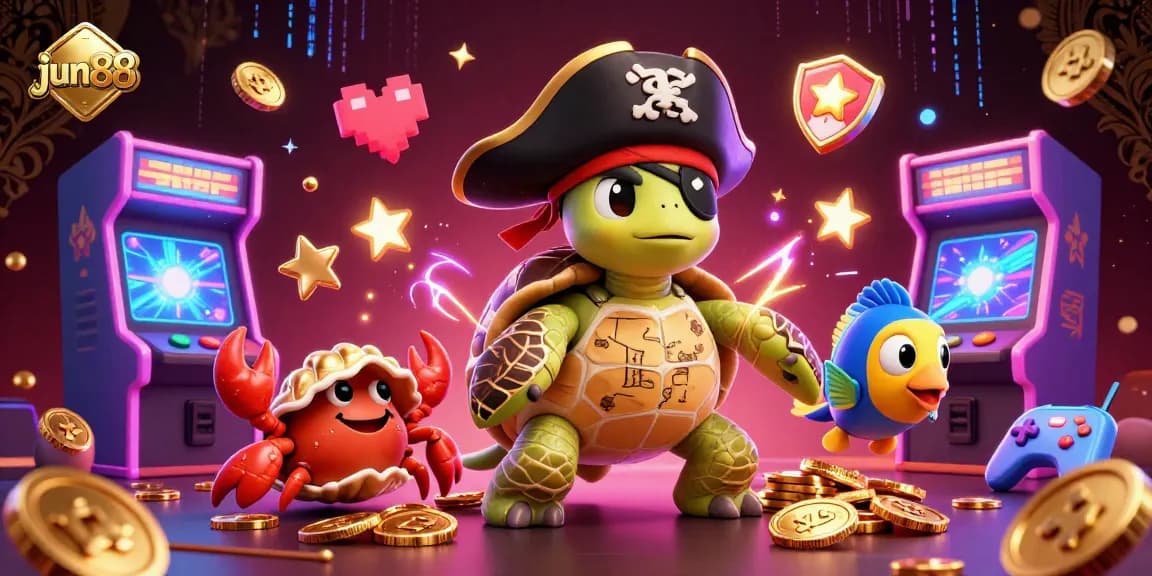 Win big with jun88's vibrant casino adventure featuring a pirate turtle and treasures in a dynamic scene.