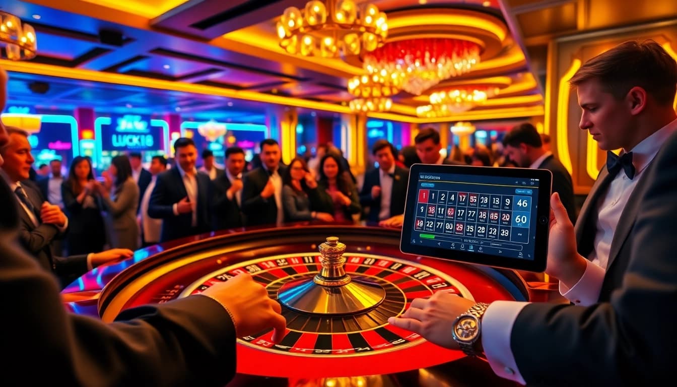 LUCK8 players engaged in intense betting at a luxurious roulette table.