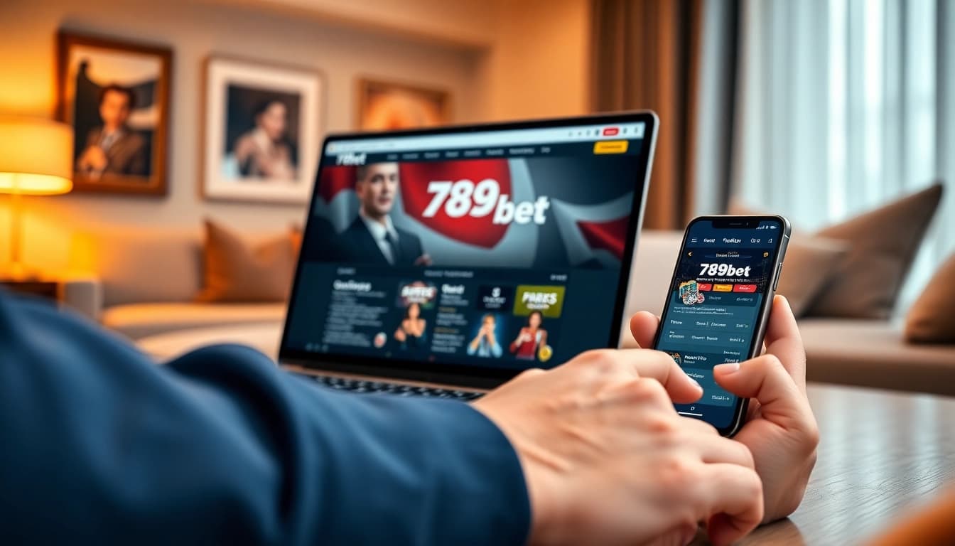 Interactive 789bet online gambling experience on a laptop with poker chips and the mobile app.