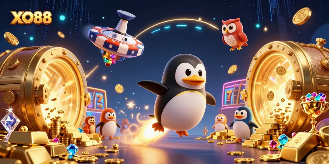 Engage with XO88 as the rocket-powered penguin travels to a vibrant casino space station.