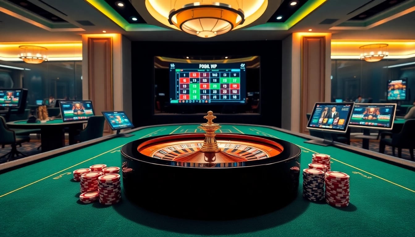 Engage with the thrilling atmosphere of 68VIP featuring poker chips and roulette wheels in a luxurious casino setting.