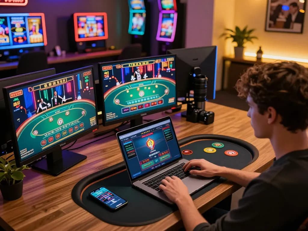 Engaging scene of kp88 online gaming setup with multiple screens showing poker games and live dealers.