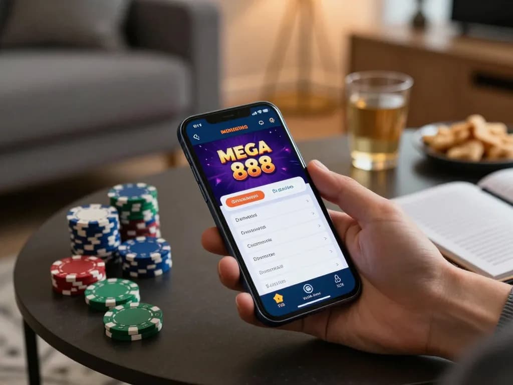 Mega 888 app displayed on smartphone during mobile gaming session at home, highlighting responsible gaming.