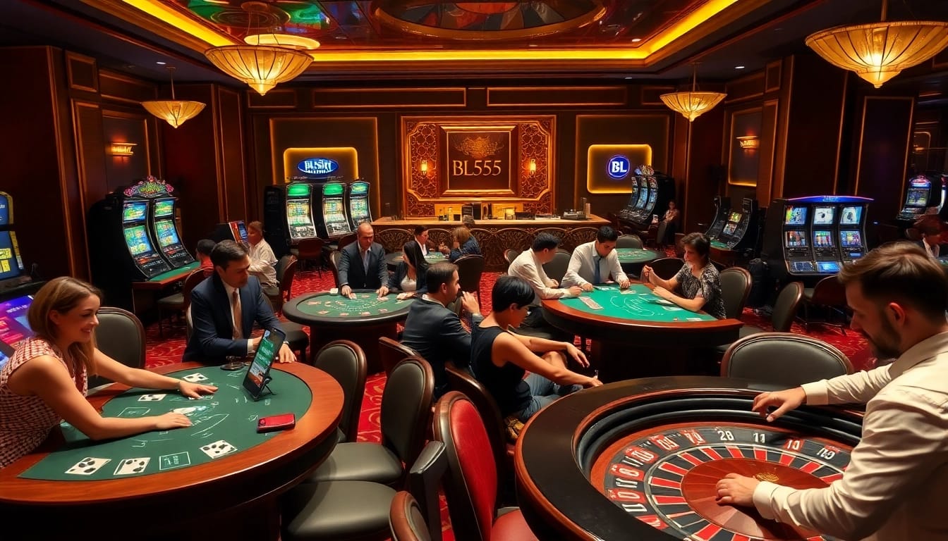 Players enjoying various games at BL555's luxurious casino environment, enhancing their winning experience