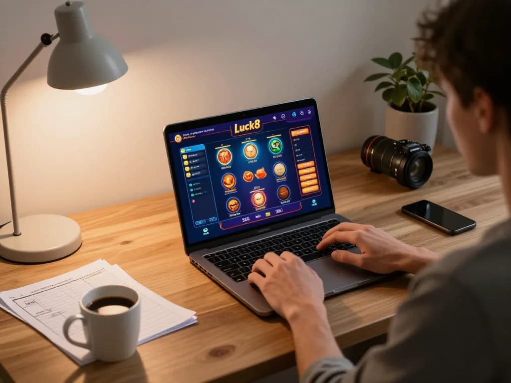 Engaging in online gambling with Luck8 from a cozy home setup, showcasing the gaming interface and a warm atmosphere.