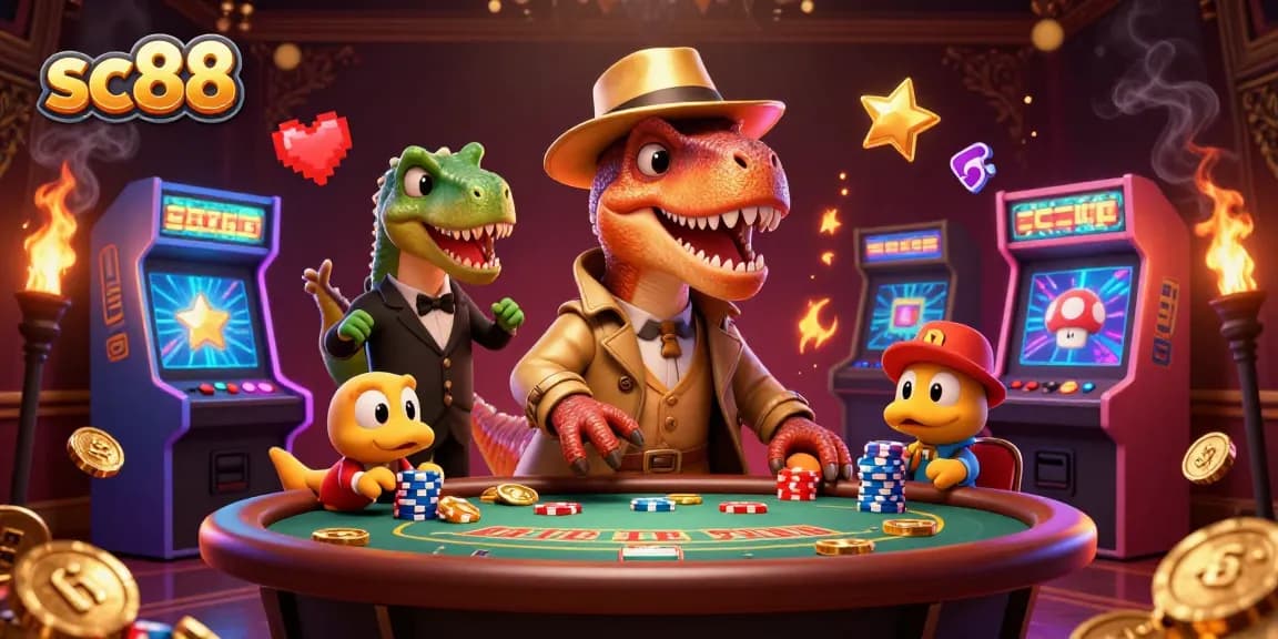 Experience thrilling gaming at sc88 with a velociraptor card counter and vibrant casino elements.