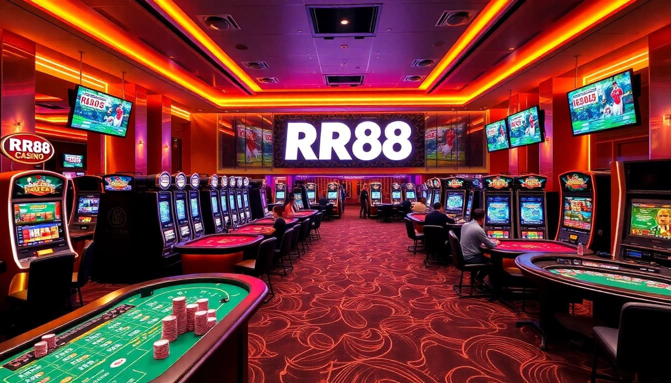 Players enjoying poker and roulette in a luxurious RR88 casino atmosphere.