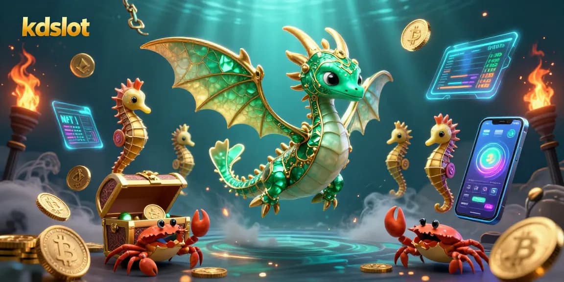 Engage with kdslot through a vibrant underwater casino scene featuring a sea dragon and crypto elements.