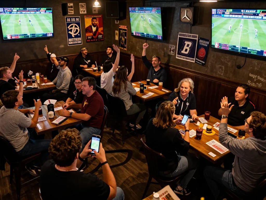 Sports fans placing bets on smartphones in a lively bar setting showcasing z16 excitement