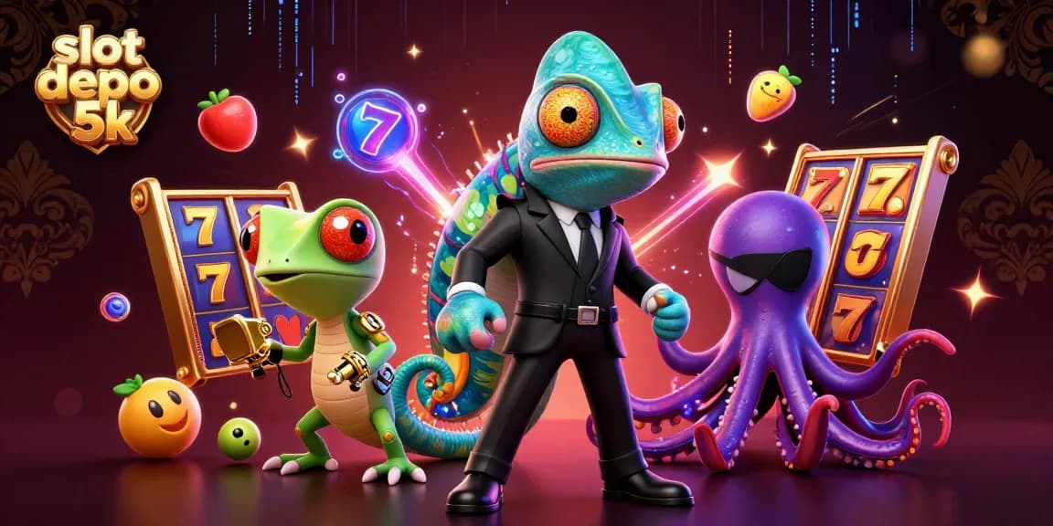 Experience slot depo 5k thrill with a dynamic 3D casino scene featuring a colorful chameleon, tech-gecko, and octopus!
