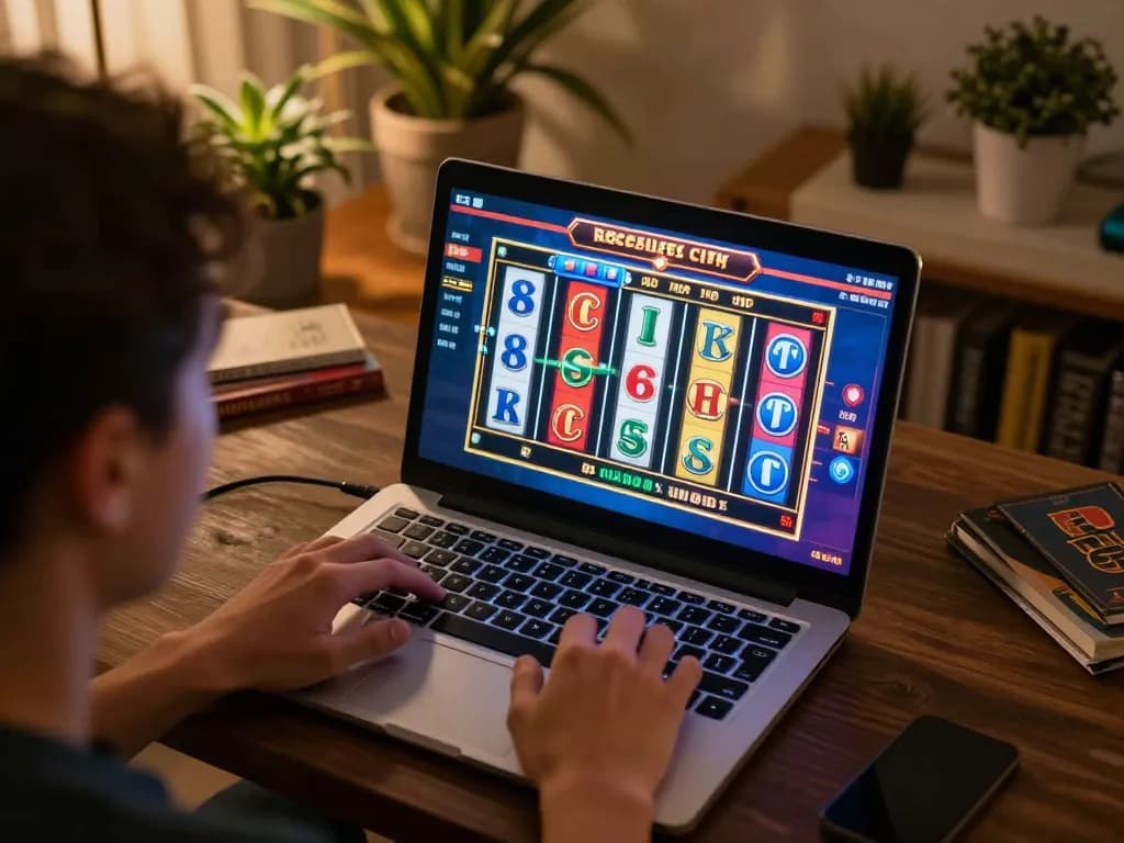 Engaged player enjoying a gi8 online slot game in a cozy home setup, showcasing colorful reels.