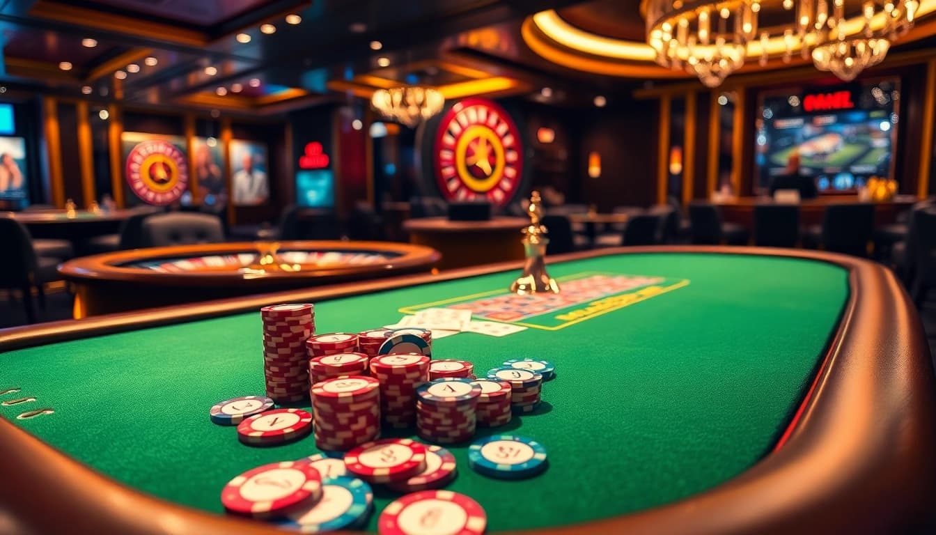 Players enjoy intense poker action at the luxurious MMOO casino.