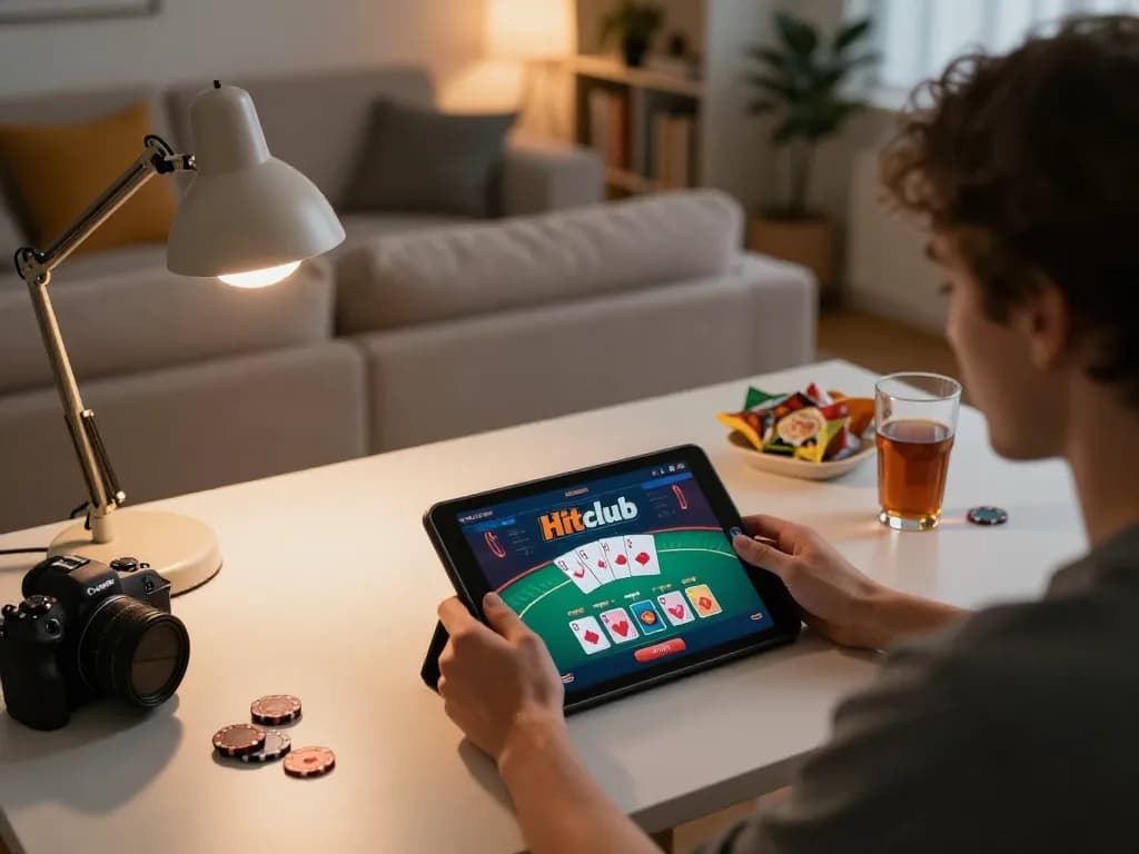 Engaging in strategic gaming on Hitclub using a tablet, highlighting home entertainment atmosphere