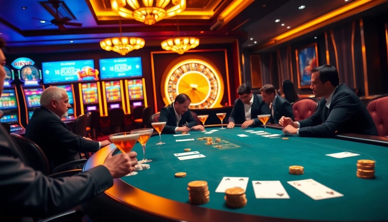 Players enjoying a thrilling poker game at Rikvip's vibrant casino, surrounded by slot machines.