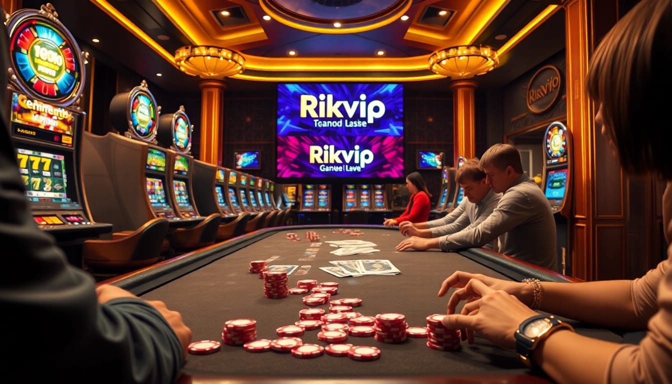 Experience the excitement of casino gaming with Rikvip at a vibrant casino table setup featuring poker chips and slot machines.