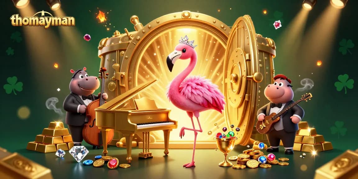 Experience thomayman slots with vibrant flamingo singer and gleaming treasures in this engaging casino scene.