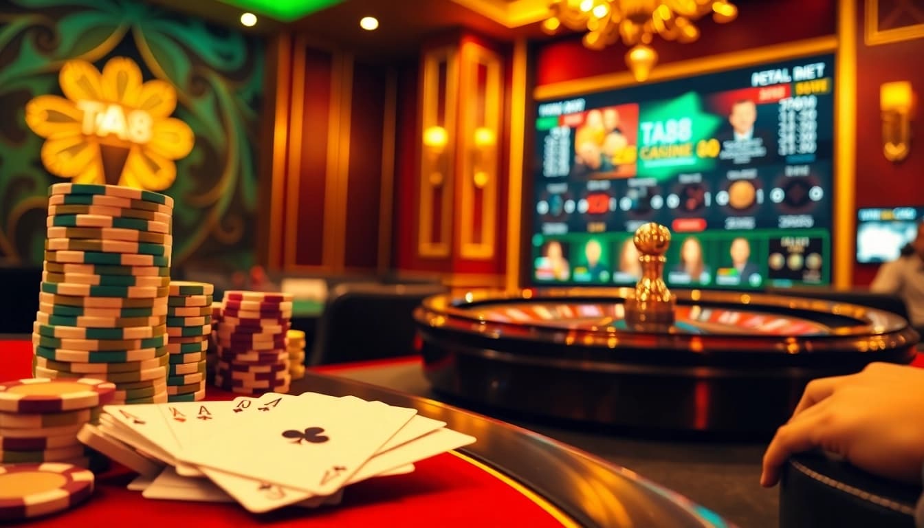 Exciting TA88 gambling scene showcasing vibrant poker chips and a dazzling roulette wheel.