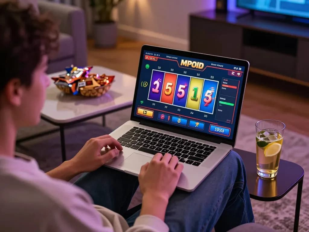 MPOID game in action on a laptop at home, showcasing dynamic online gaming experience and engaging atmosphere.