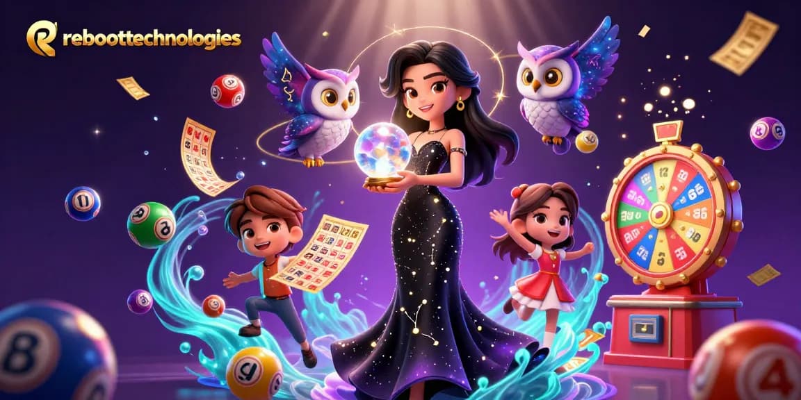 Reboottechnologies showcases an enchanting 3D casino scene with magical elements, thrilling lottery action, and vibrant detail.