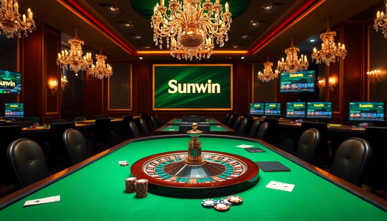 Sunwin casino scene with roulette wheel, poker chips, and vibrant gaming atmosphere.