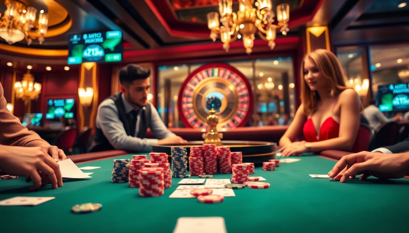 Experience high-stakes excitement at mmoo's luxurious casino tables with vibrant colors.