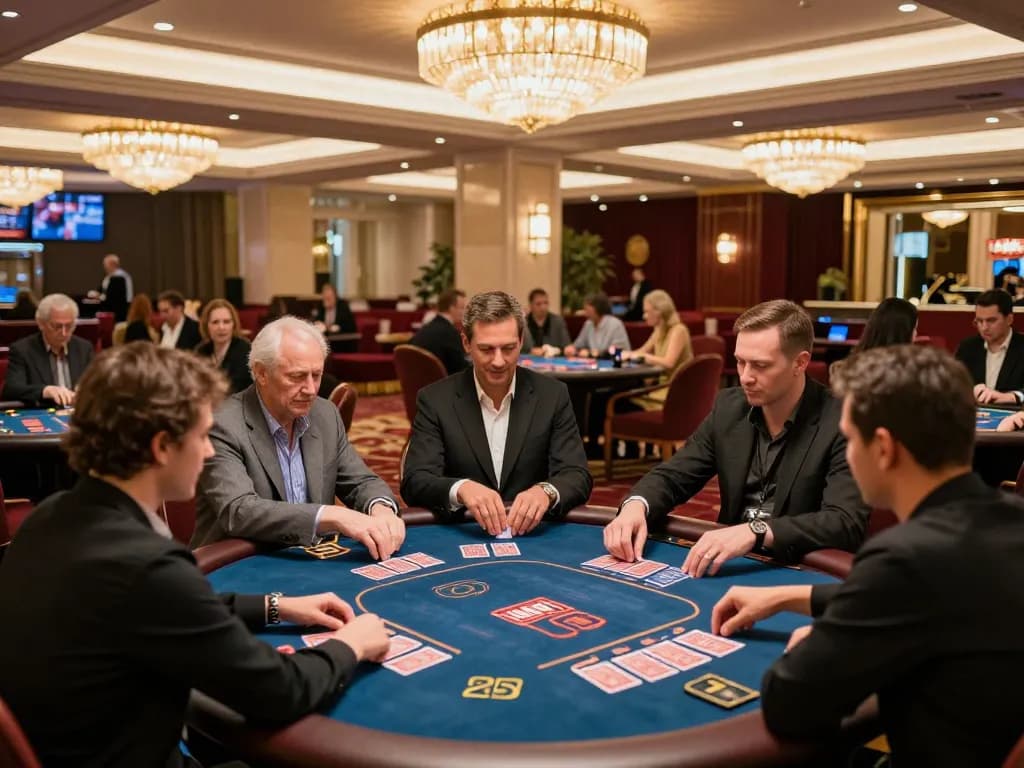 Players enjoying strategic card games at n188vip casino, bustling atmosphere filled with excitement and engagement.