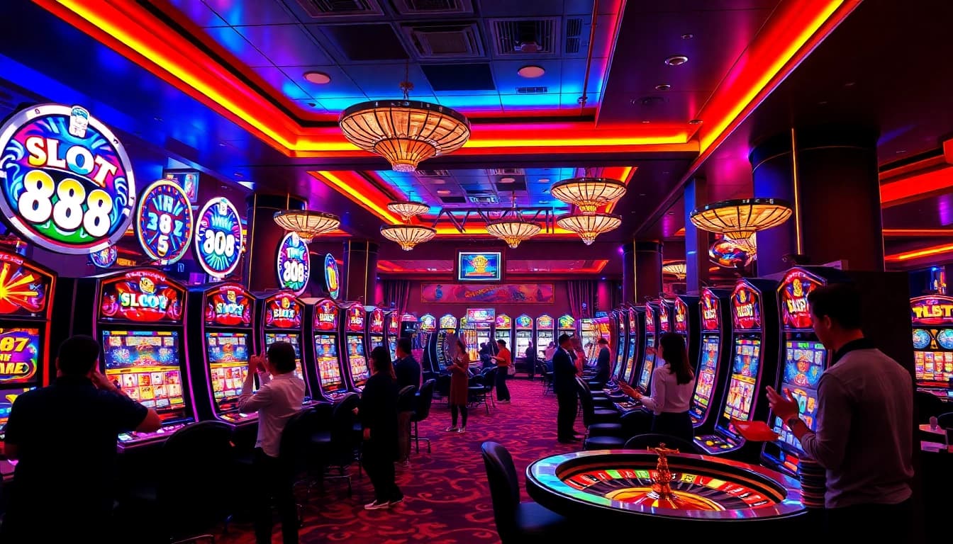 Experience the thrill of slot 88 as players engage with colorful slot machines in a luxurious casino setting.
