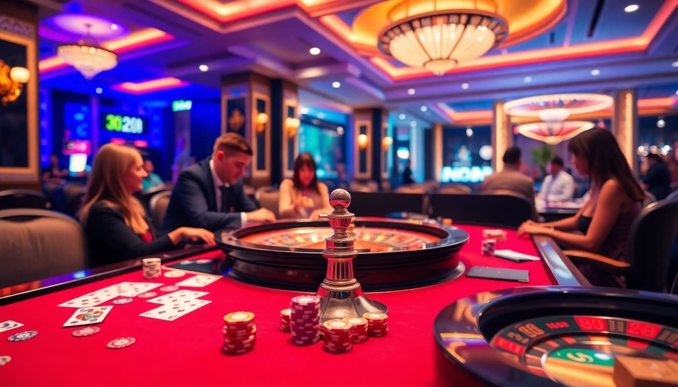 Players enjoying the thrilling 68 game bài at an elegant casino table filled with colorful chips and cards.