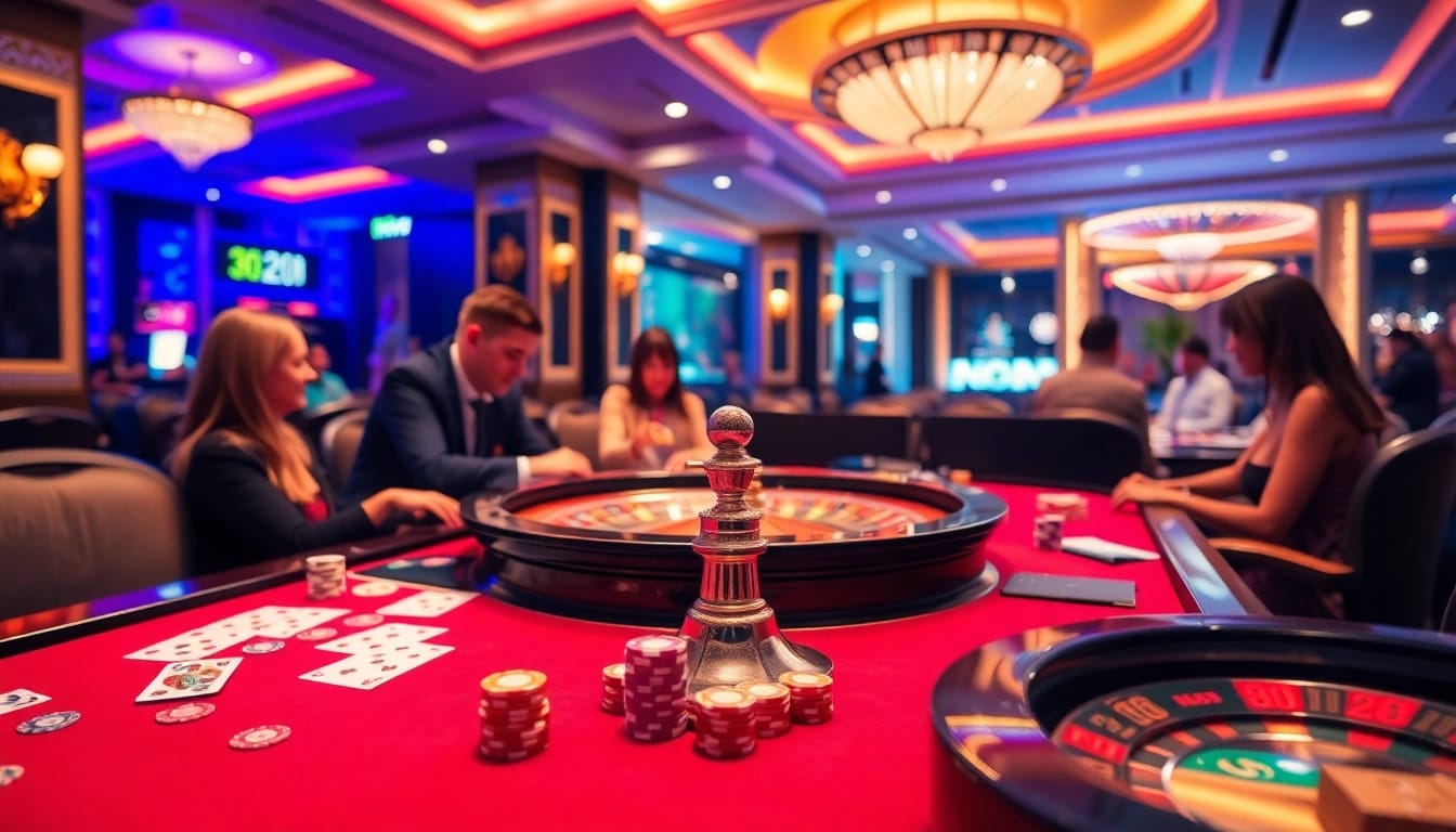 Players enjoying the thrilling 68 game bài at an elegant casino table filled with colorful chips and cards.