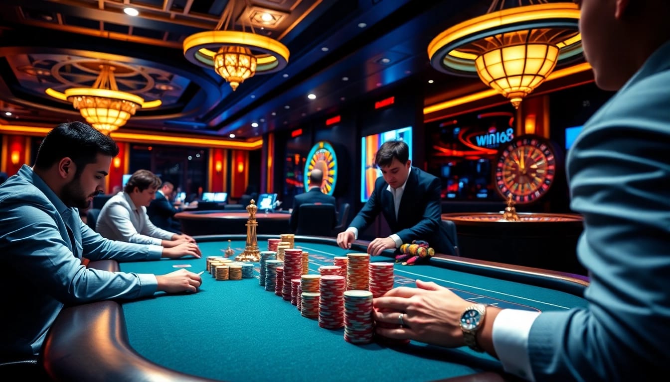Players engaging in an intense poker game at win678 casino, surrounded by vibrant chips and cards.