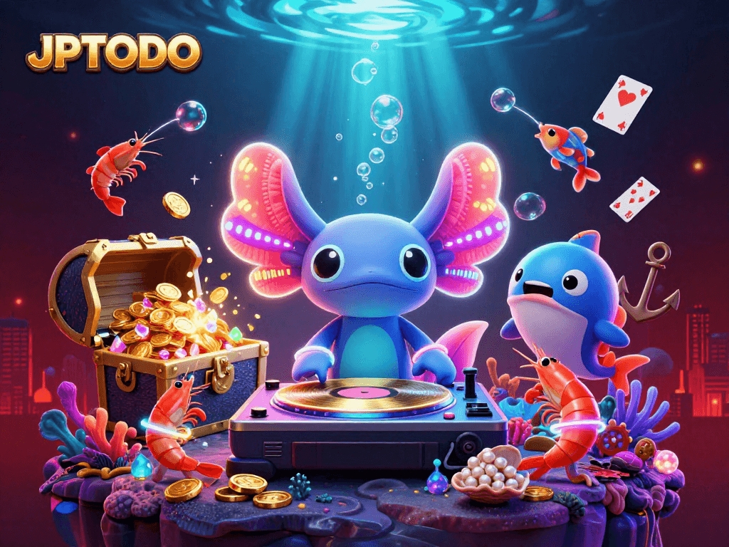 JPTOTO showcases a vibrant online casino scene with a DJ axolotl and colorful underwater elements.