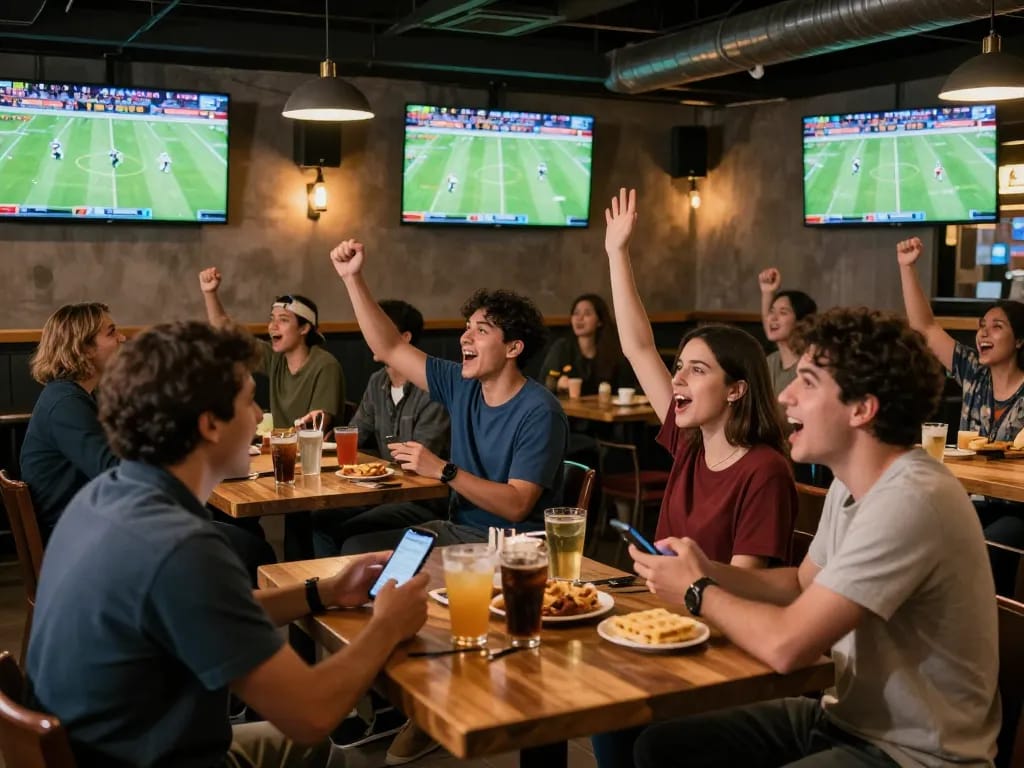 Fans enjoying the excitement of live sports on LuongsonTV while engaging with mobile betting apps.