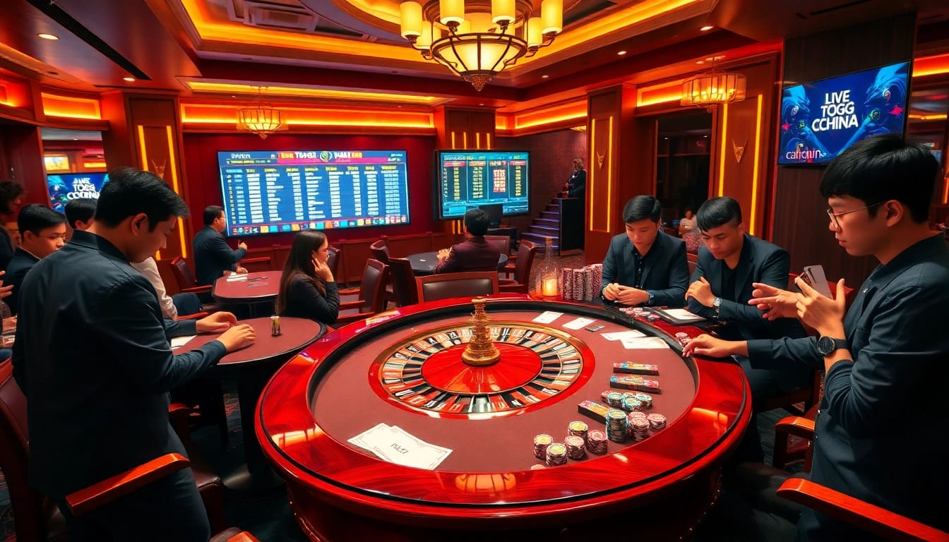 Togel china live betting scene with roulette table, players betting, and vibrant atmosphere.