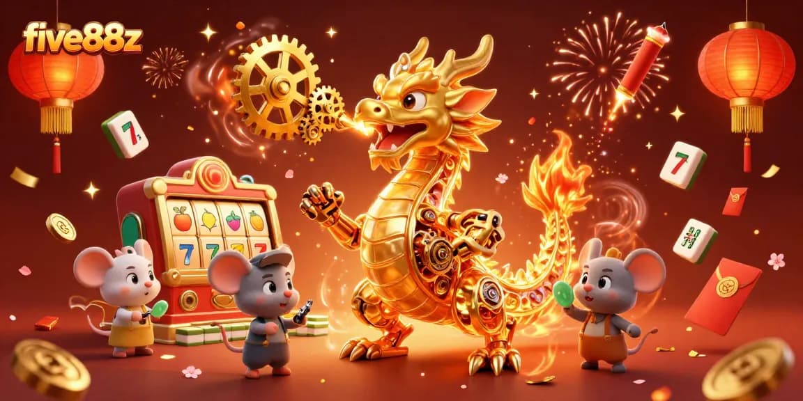 Experience the excitement of five88z with a vibrant 3D casino dragon scene and floating slot reels.
