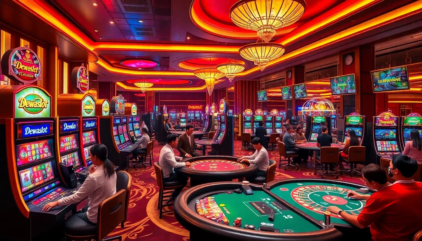 Dewaslot players enjoying thrilling casino action with vibrant slot machines and high-stakes tables.