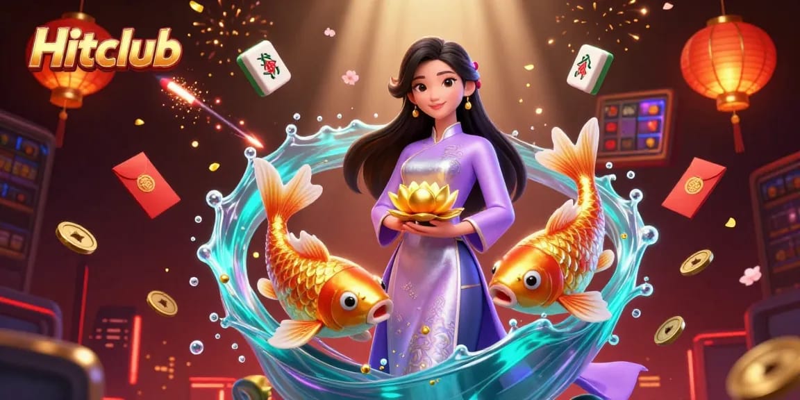 Experience winning with Hitclub's vibrant slots featuring an elegant Asian woman and koi fish in a casino scene