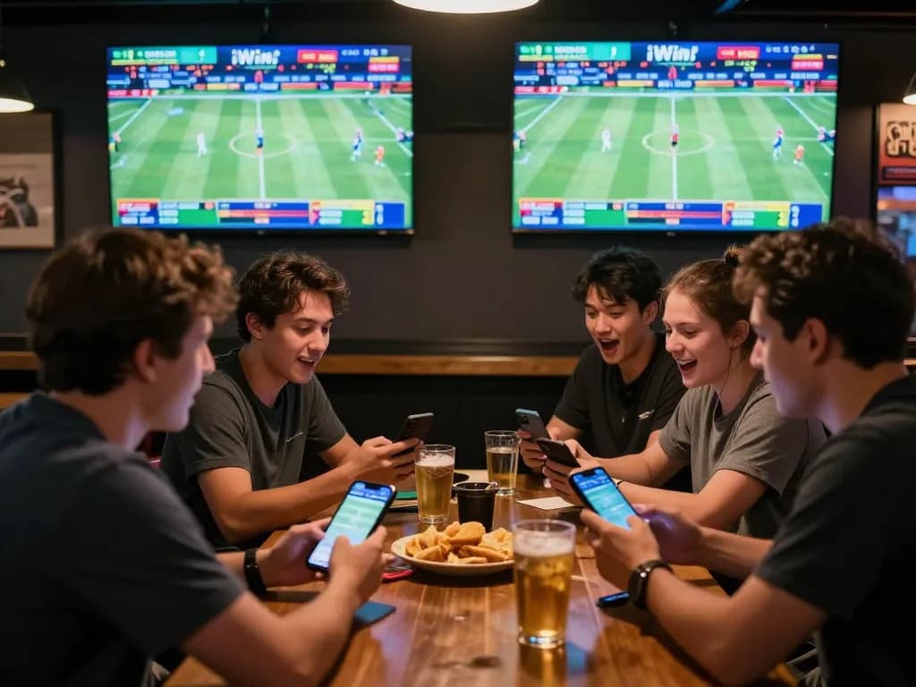 iWin sports bettors analyzing live game odds in a vibrant bar setting.
