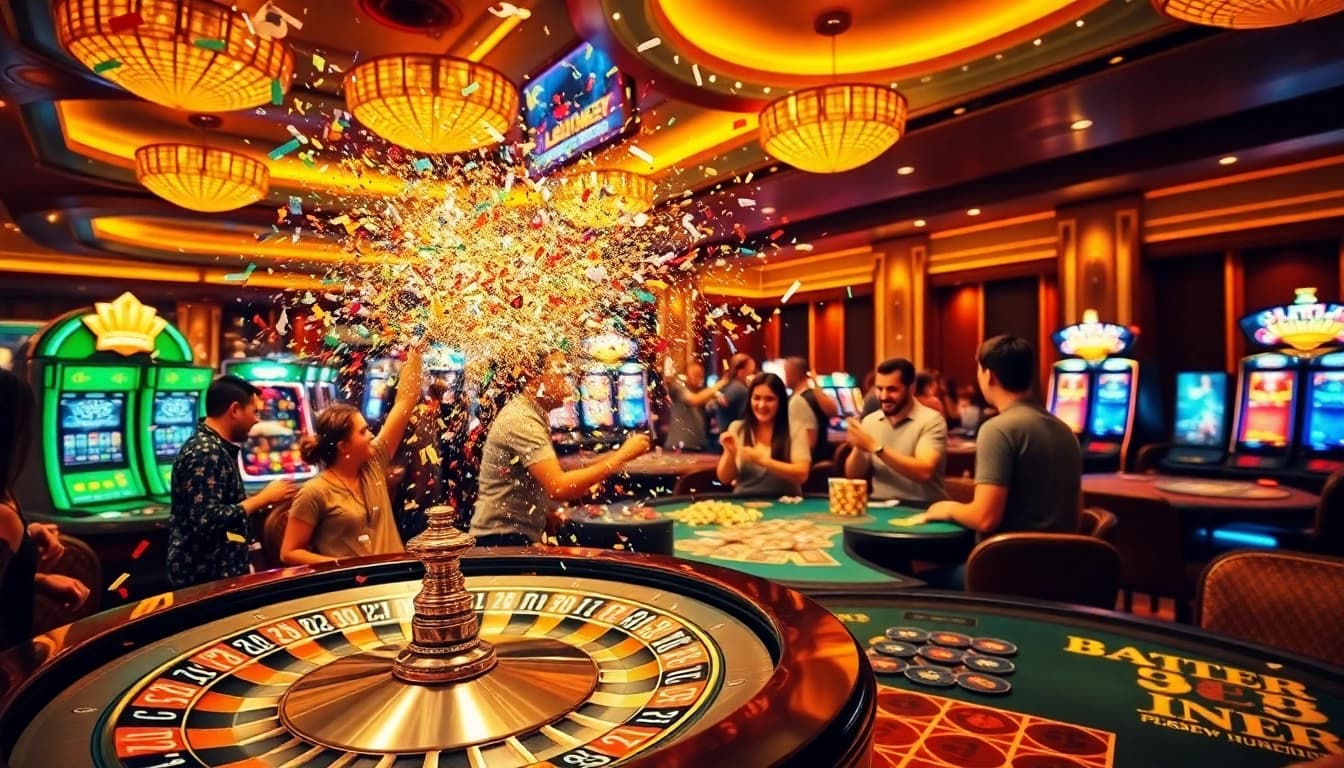 Celebrating the explosion of a prize-winning lottery in a luxurious casino environment with poker tables and confetti.