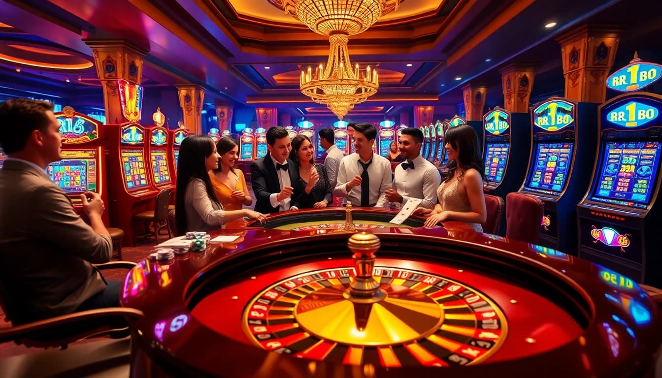 Experience the thrill of winning at RR88 casino with players celebrating around roulette and slots.