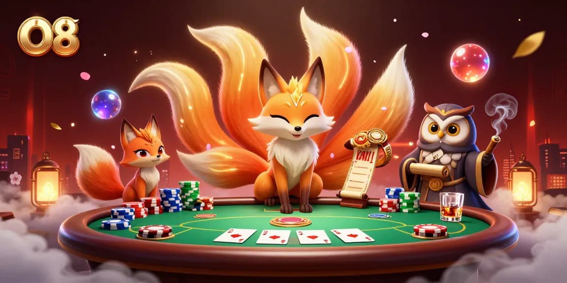 O8 poker scene featuring colorful fox spirit, wise owl, and vibrant poker elements.