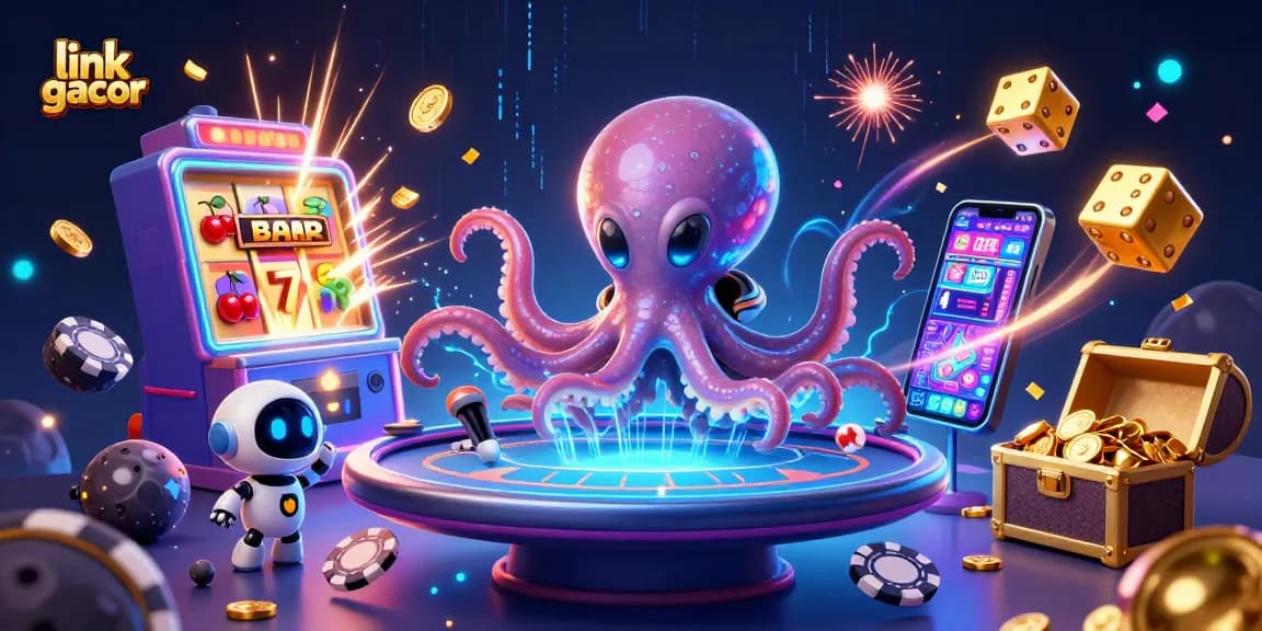 Experience thrilling action with link gacor as a vibrant alien octopus and robot celebrate gaming jackpots.