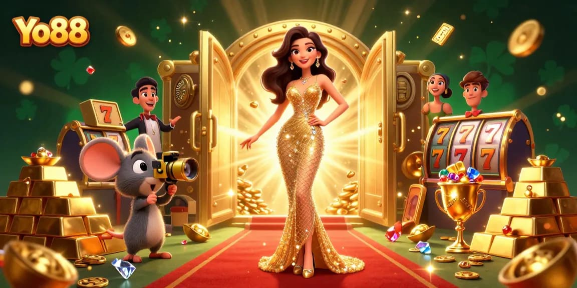 Spin and win with Yo88 in this dazzling 3D casino illustration featuring treasures and jackpots.