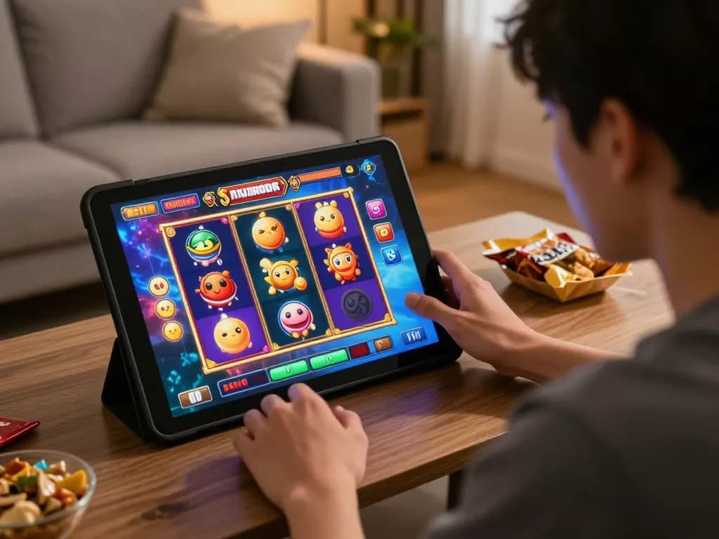 Engaging scene of a player enjoying a slot bonus feature on a tablet in a cozy home gaming setup.