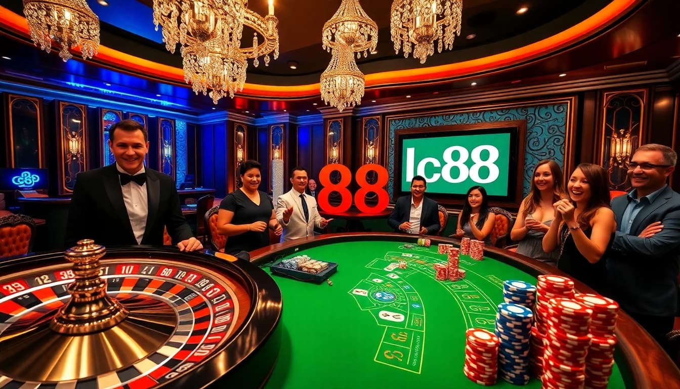 Experience excitement at lc88's vibrant casino tables with cheering players and luxury ambiance.